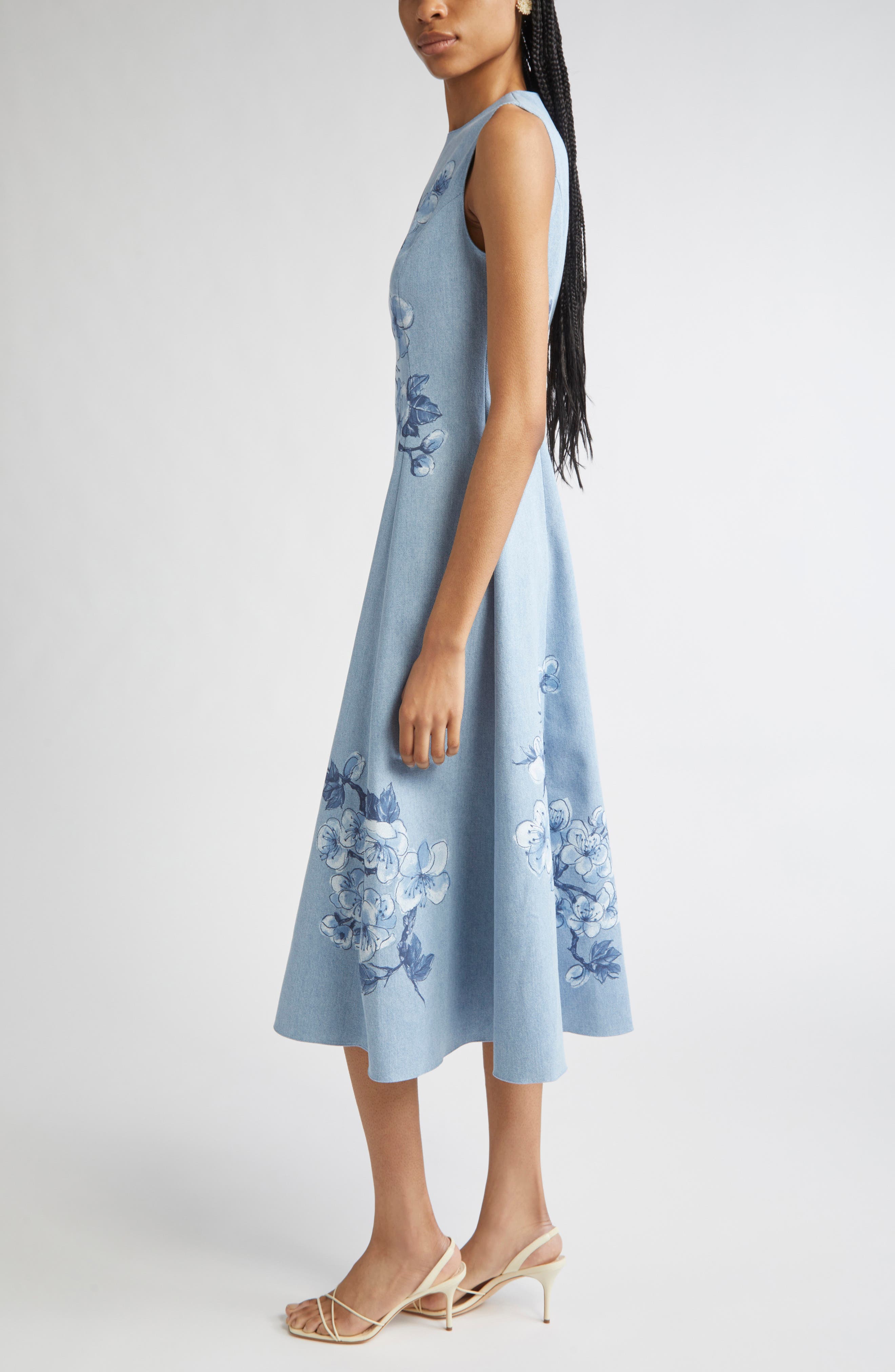 sakura denim dress Oscar de la Renta Cherry Blossom Printed Denim Sleeveless Midi Dress
