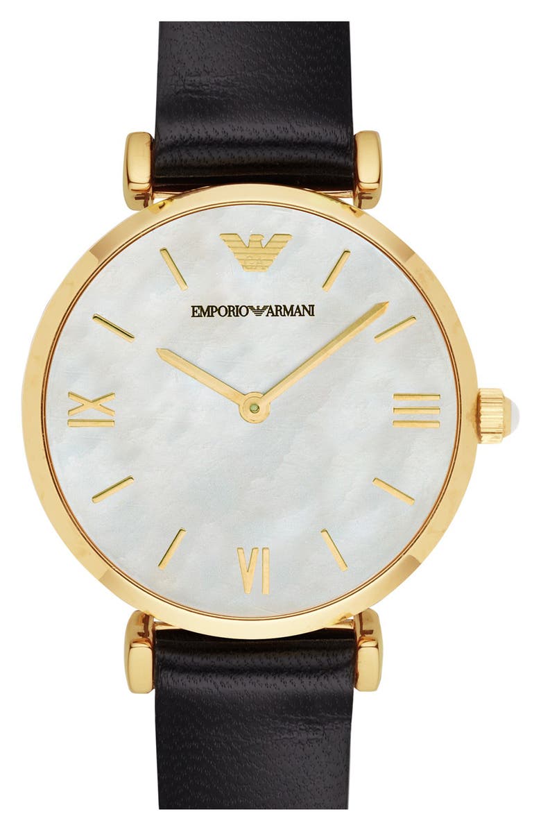 Emporio Armani Leather Strap Watch, 32mm, Alternate, color, Black/ Gold
