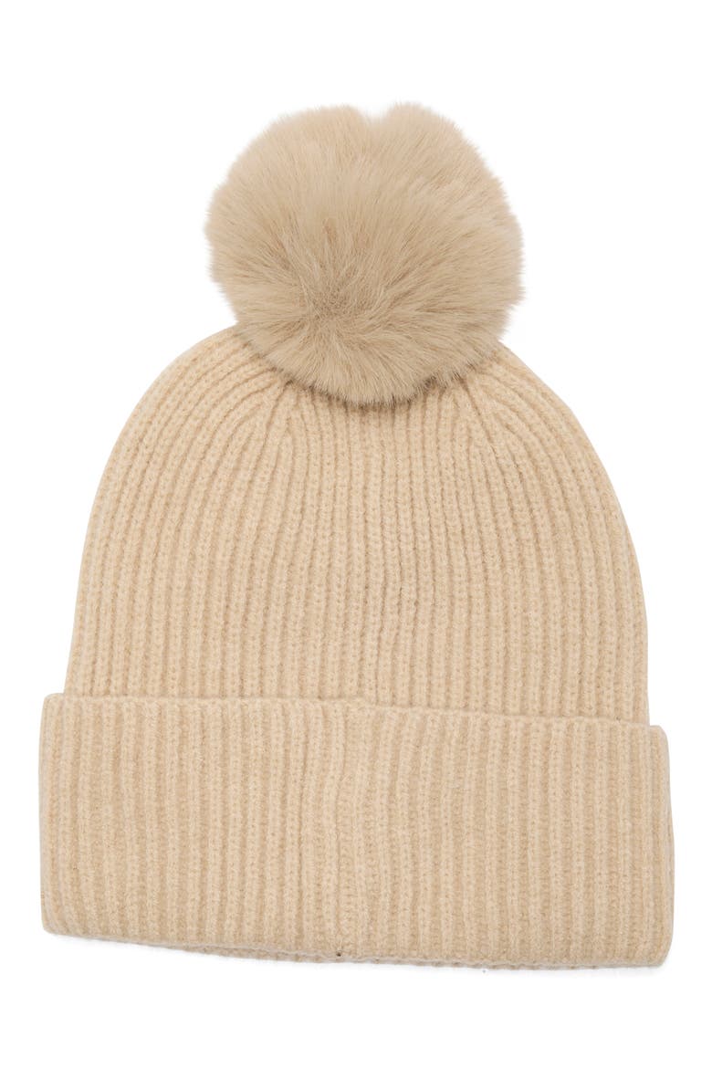 Crystal & Floral Stud Beanie with Faux Fur Pom, Alternate, color, BEIGE