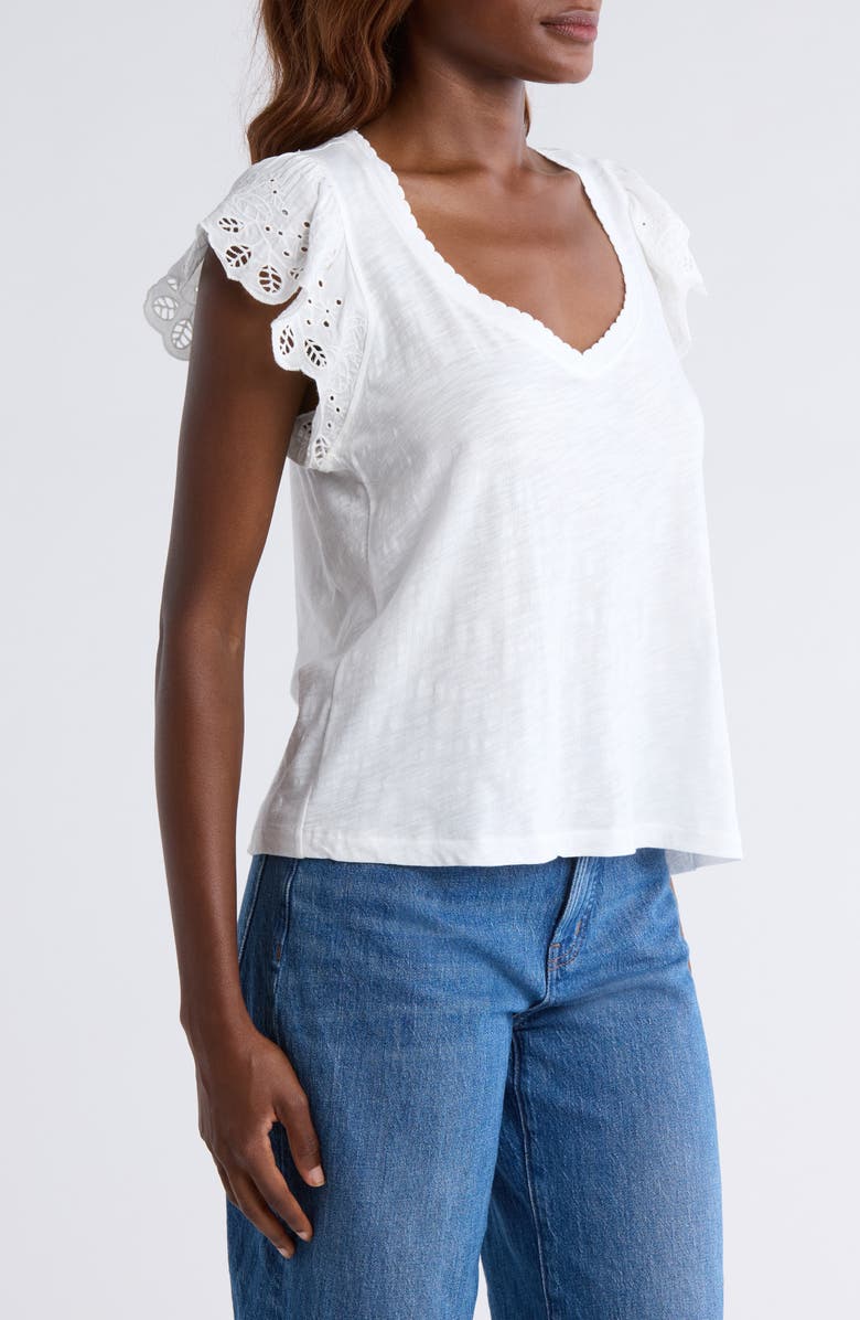 Wit & Wisdom Eyelet Flutter Sleeve Jersey T-Shirt, Alternate, color, Off White1