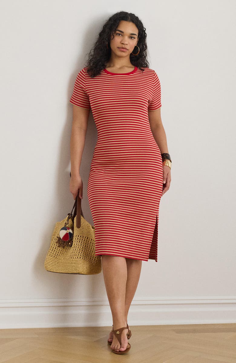 Lauren Ralph Lauren Stripe Cotton Blend Rib T-Shirt Dress, Alternate, color, Cruise Red/ Birch Beige