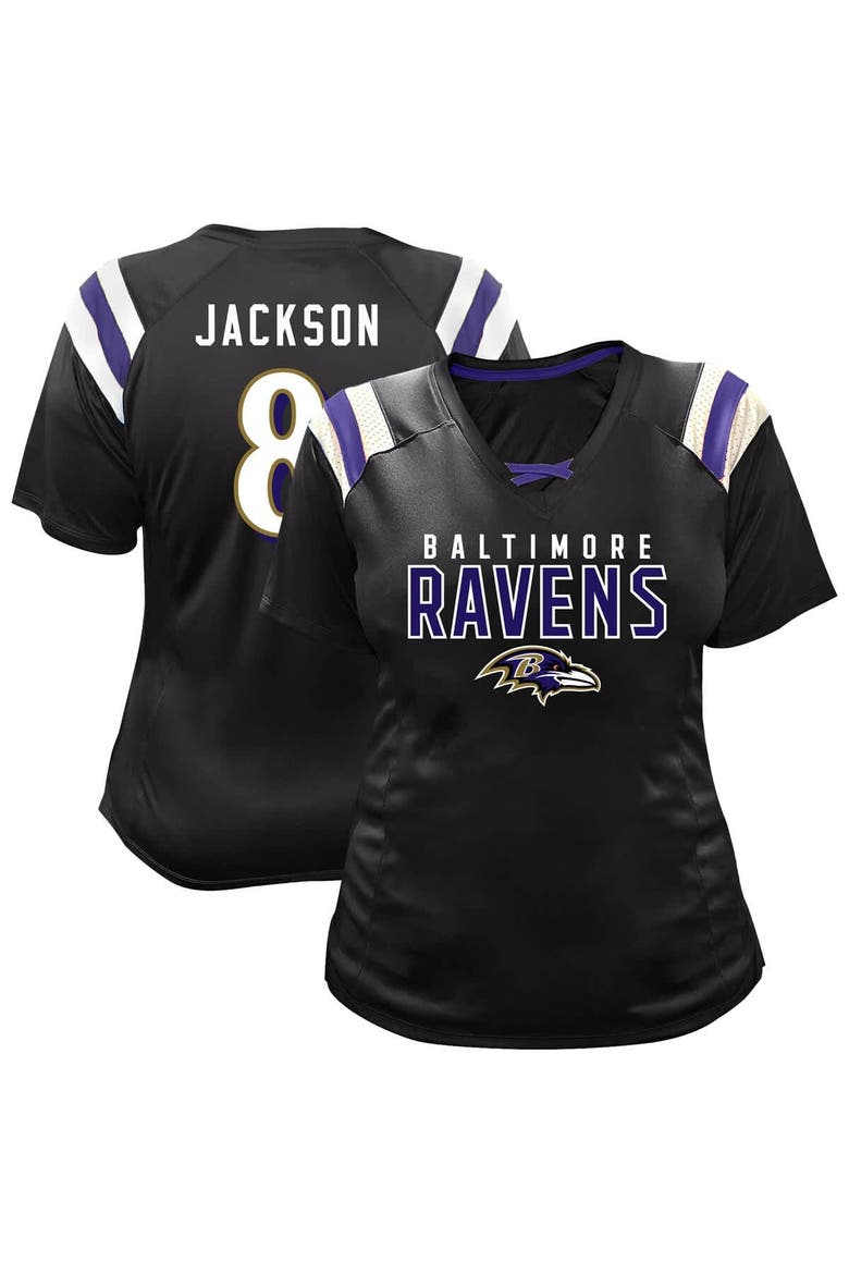 Women's Fanatics Lamar Jackson Black Baltimore Ravens Plus Size Name & Number Raglan Lace V-Neck T-Shirt, Main, color, Black