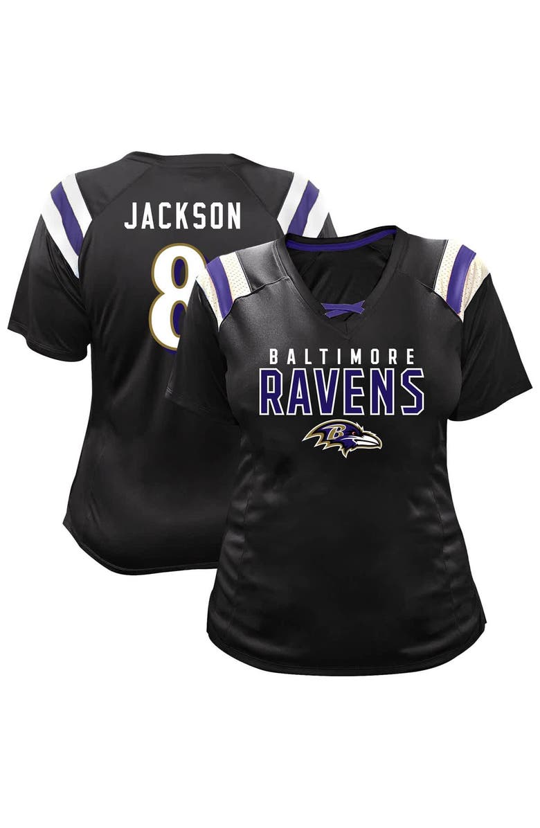 FANATICS Women's Fanatics Lamar Jackson Black Baltimore Ravens Plus Size Name & Number Raglan Lace V-Neck T-Shirt, Main, color, Black