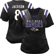 FANATICS Women's Fanatics Lamar Jackson Black Baltimore Ravens Plus Size Name & Number Raglan Lace V-Neck T-Shirt