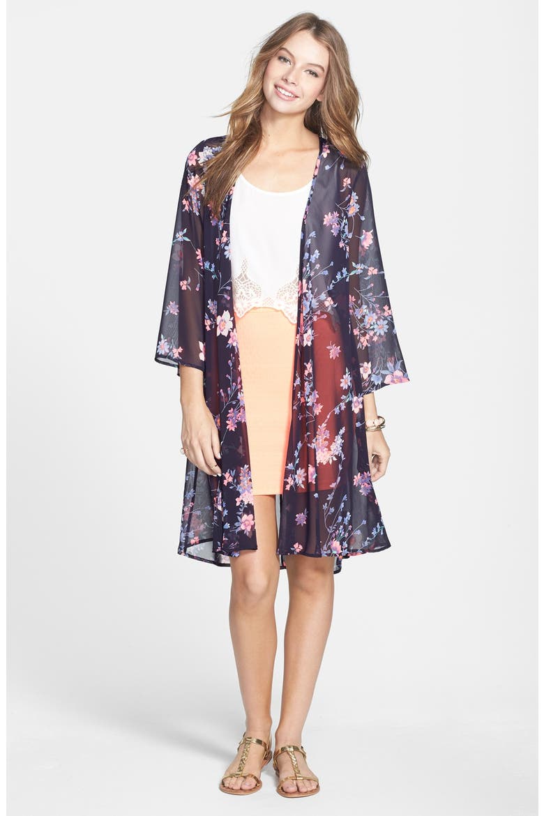 Floral Print Kimono Cardigan, Main, color, NAVY