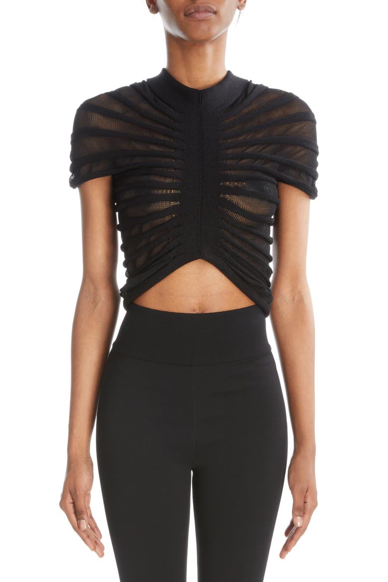 Semisheer Ruched Knit Mesh Crop Top, Main, color, NOIR ALAIA