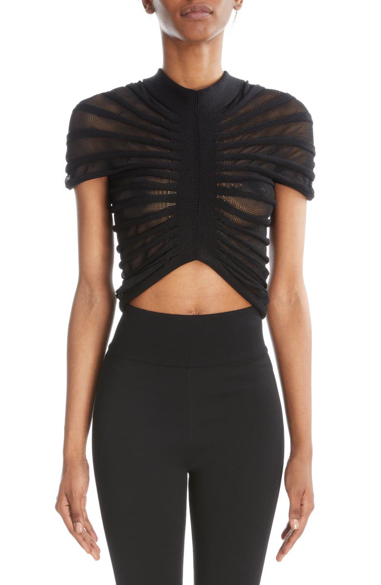 Alaïa Semisheer Ruched Knit Mesh Crop Top, Main, color,