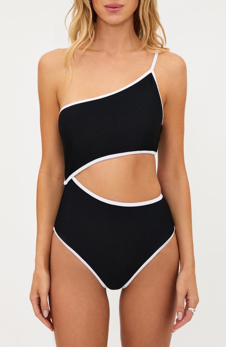 Beach Riot Liora Joyce Colorblock Cutout One-Shoulder One-Piece Swimsuit, Main, color, Black/ White