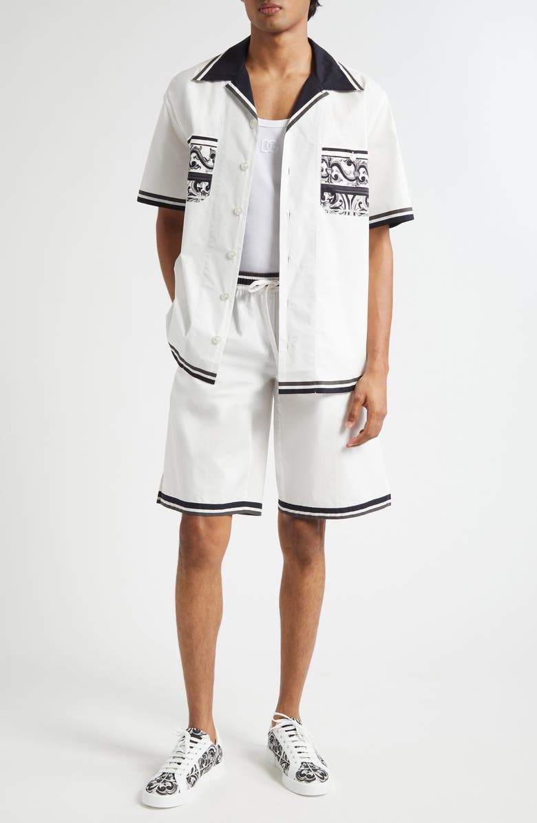 Dolce&Gabbana Majolica Print Cotton Poplin Drawstring Shorts, Alternate, color, Hx5dq Maiolica 3L Nero