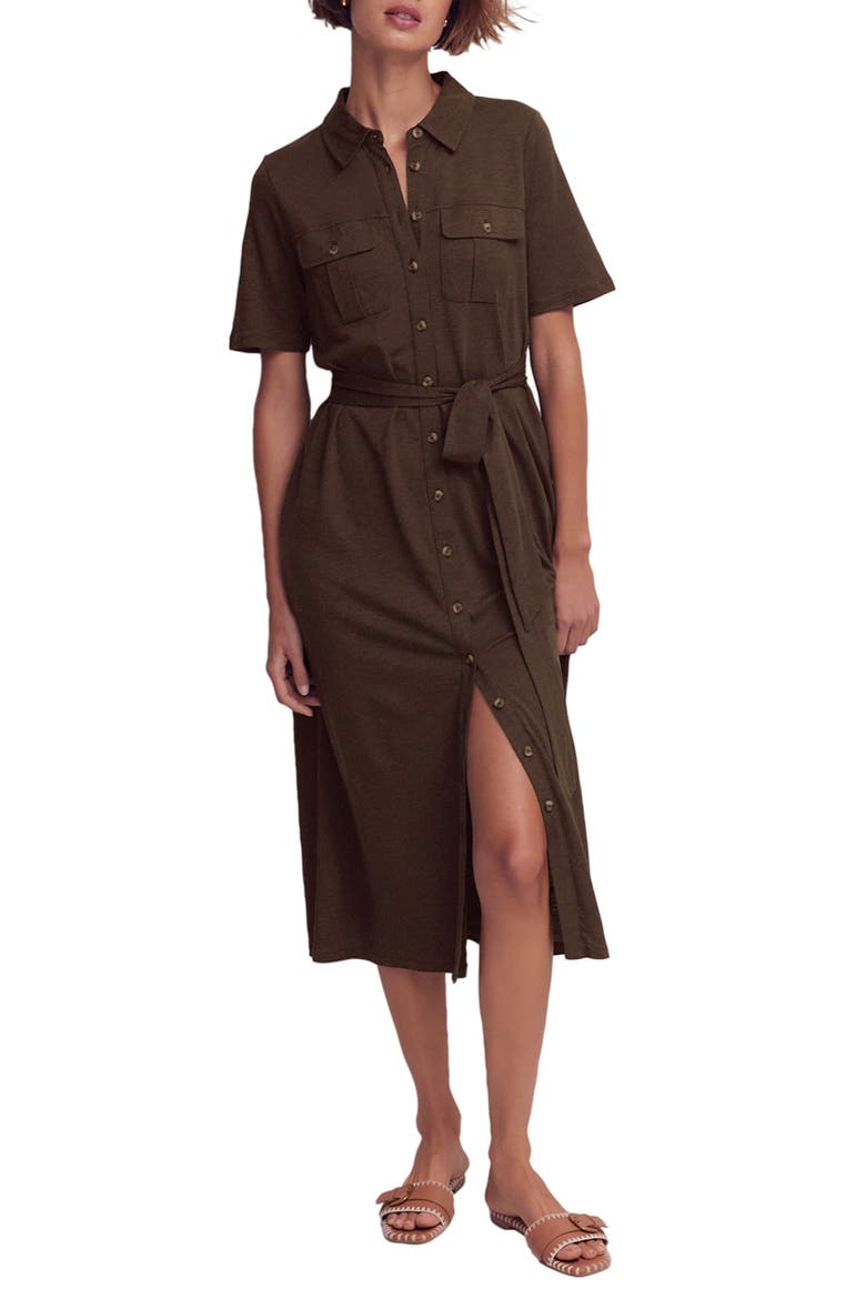 Mavis Belted Jersey Midi Shirtdress, Main, color, BROWN