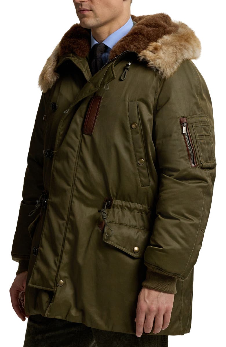 Ralph Lauren Purple Label Insulated Down Parka Jacket with Genuine Shearling Trim, Alternate, color, Olive