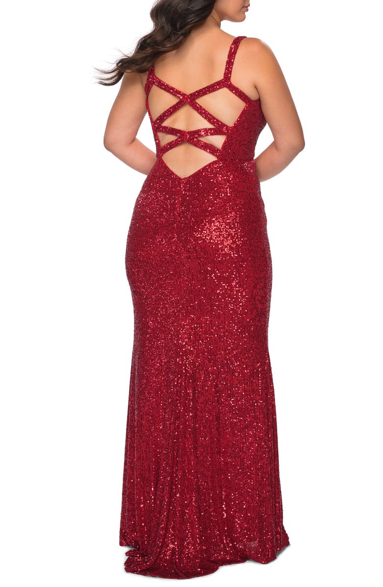 La Femme Sequin Crisscross Back Trumpet Gown, Alternate, color, 