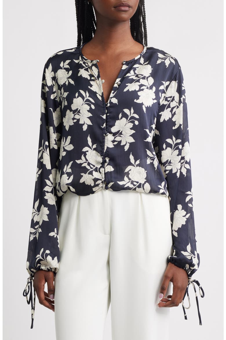 Floral Tie Sleeve Button-Up Shirt, Main, color, BLACK