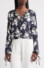 MANGO Floral Tie Sleeve Button-Up Shirt