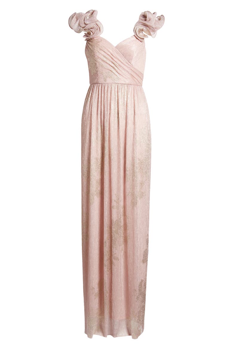 Ruffle Off the Shoulder Metallic Column Gown, Alternate, color, PINK GOLD