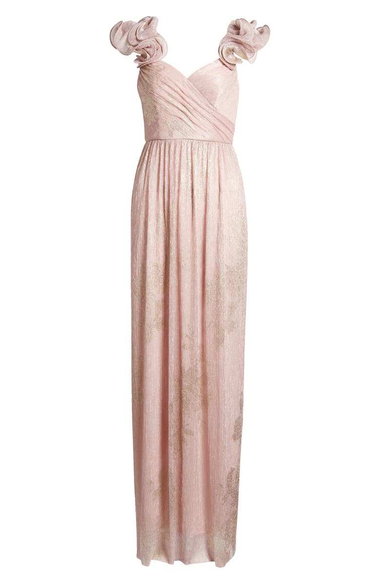 After Six Ruffle Off the Shoulder Metallic Column Gown, Alternate, color, Pink Gold