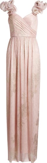 Ruffle Off the Shoulder Metallic Column Gown