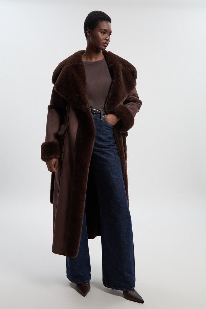 Faux Shearling Belted Maxi Coat, Alternate, color, Chocolate