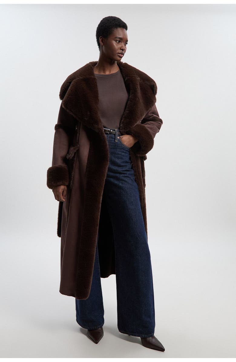 Karen Millen Faux Shearling Belted Maxi Coat, Alternate, color, Chocolate