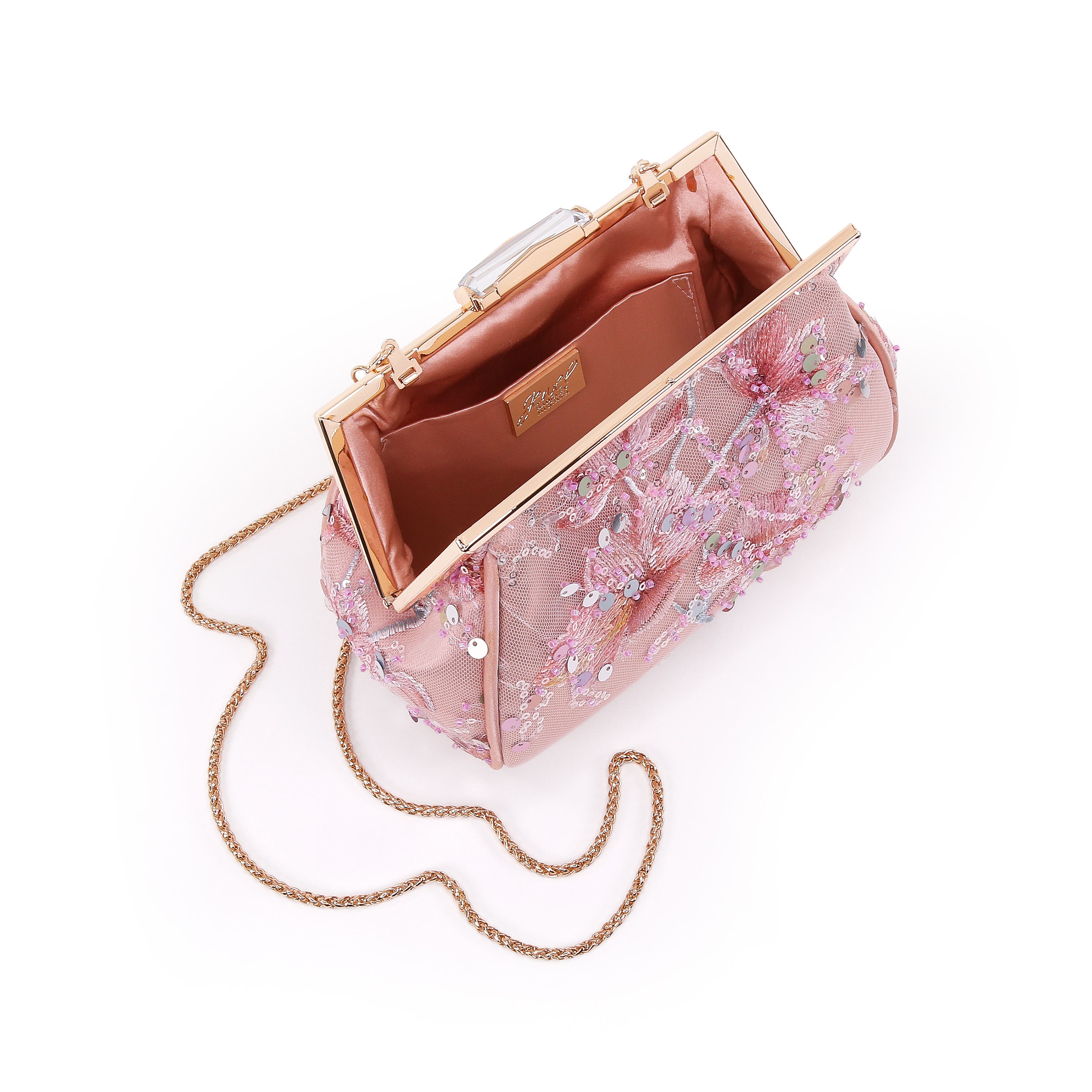 Iris Floral Embroidered and Sequin Signature Pouch Clutch, Alternate, color, Rose