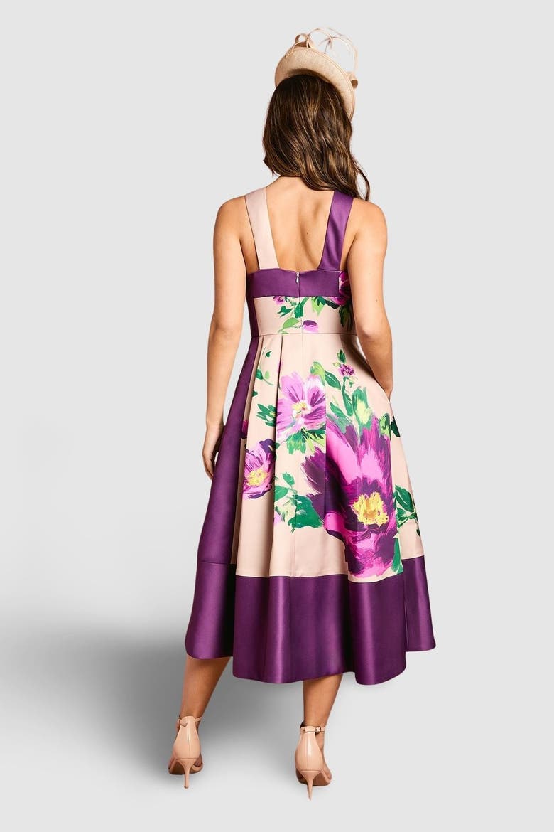 Printed Cross Neck Satin Midi Dress, Alternate, color, Purple