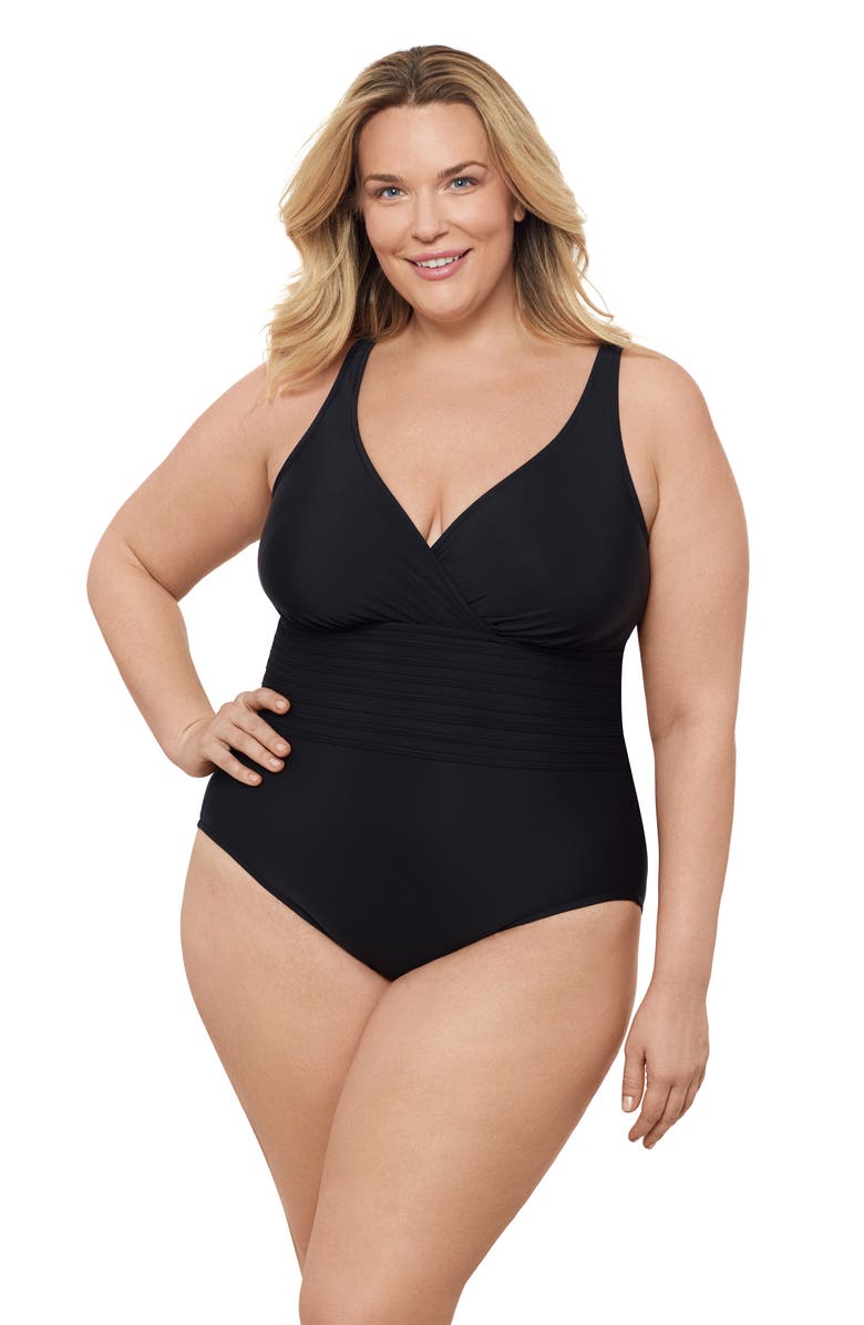 Aqua Green Plus Size V-Neck Surplice Trim Overlay Full Coverage One-Piece Swimsuit, Main, color, Black