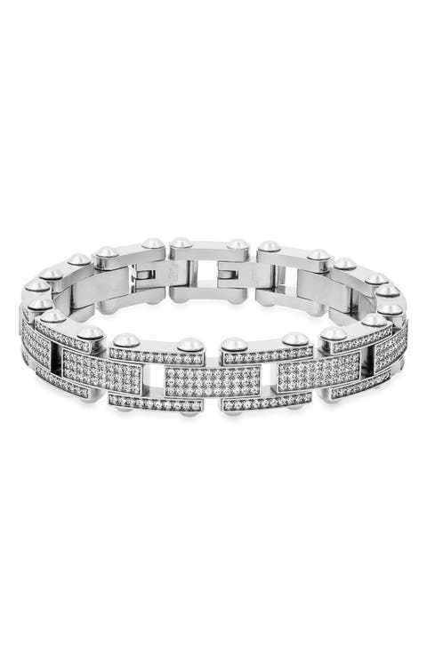 Men's Stainless Steel Simulated Diamond Studded Link Bracelet