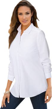 Roaman's Plus Size Kate Long Sleeve Easy Cotton-Blend Button-Front Shirt