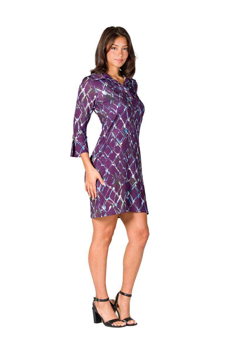 24seven Comfort Apparel Geometric Print Three Quarter Sleeve Mini Dress, Alternate, color, Purple Multi