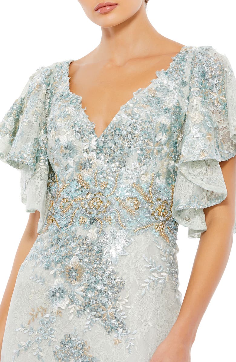 Mac Duggal Flutter Sleeve Embellished Lace Trumpet Gown, Alternate, color,