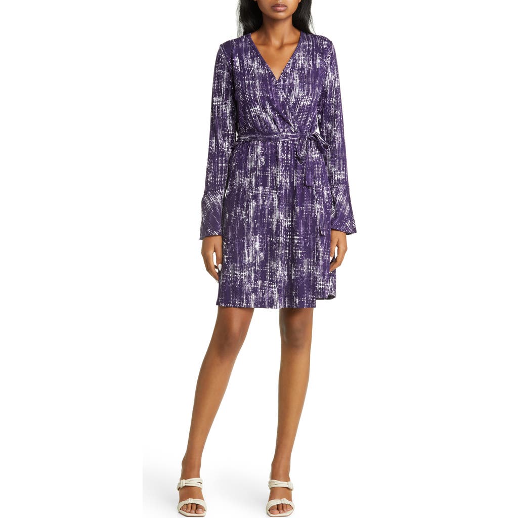 Loveappella Dot Long Sleeve Faux Wrap Dress In Purple