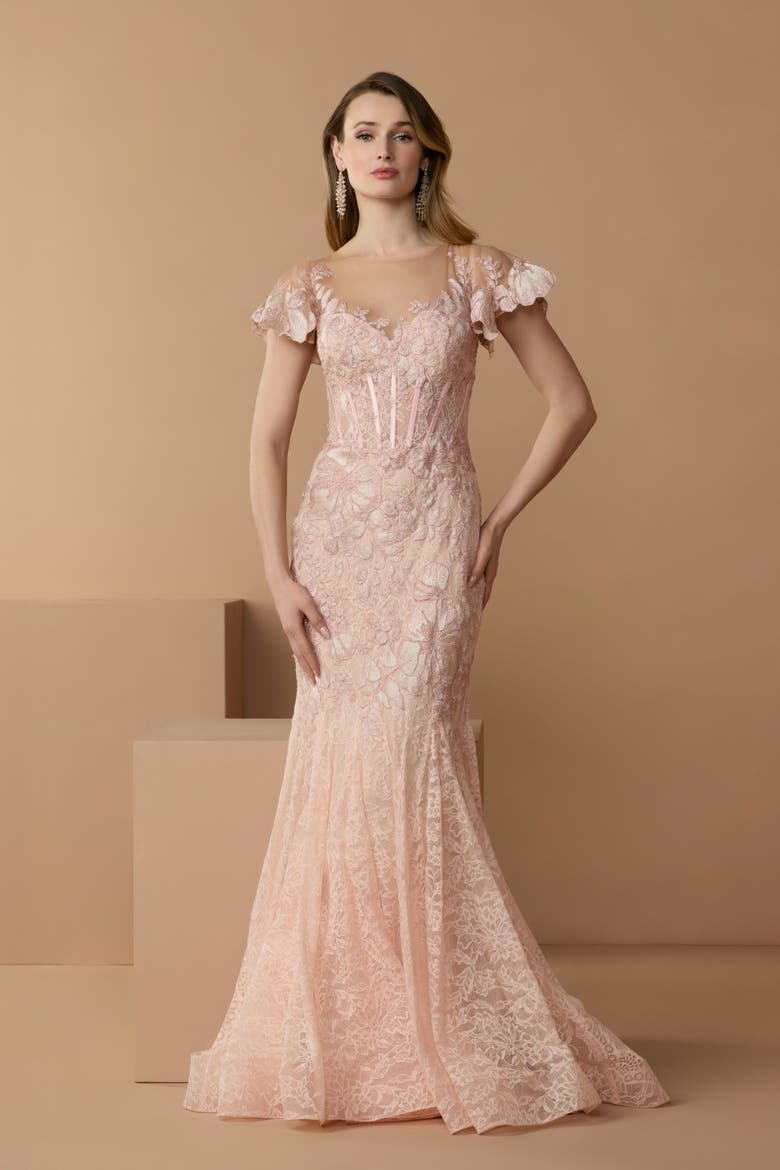 Embroidered Lace Trumpet Gown with Flutter Sleeves, Alternate, color, Blush