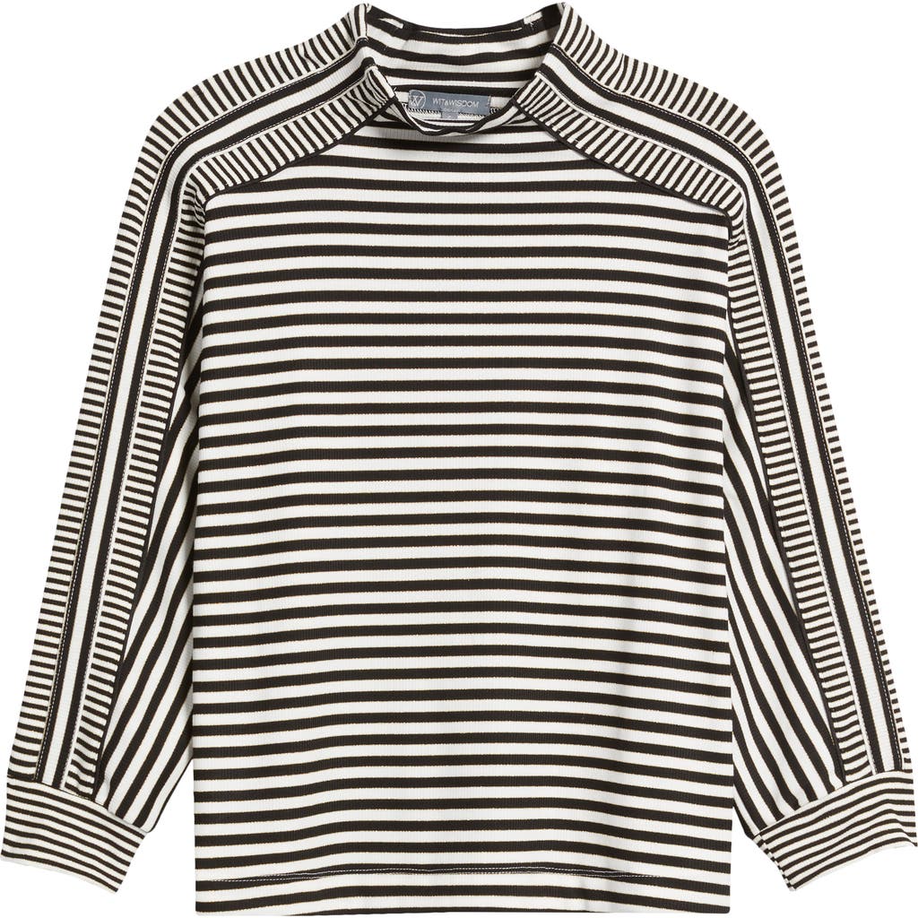 Wit & Wisdom Stripe Mock Neck Rib Top In Black/off White
