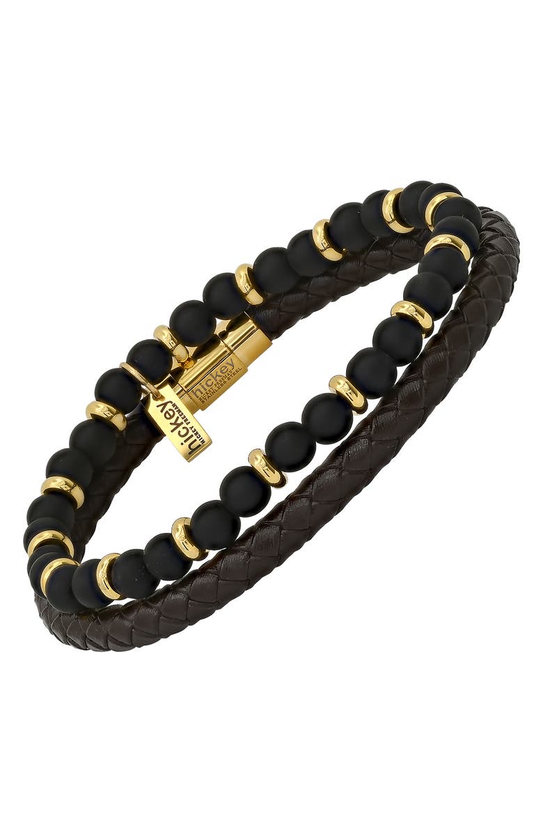 HMY JEWELRY Men's 18K Yellow Gold Beaded & Leather Bracelet Duo, Alternate, color,