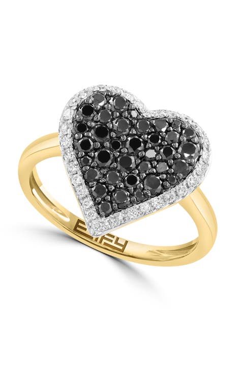 14K Yellow Gold Diamond & Black Diamond Heart Ring