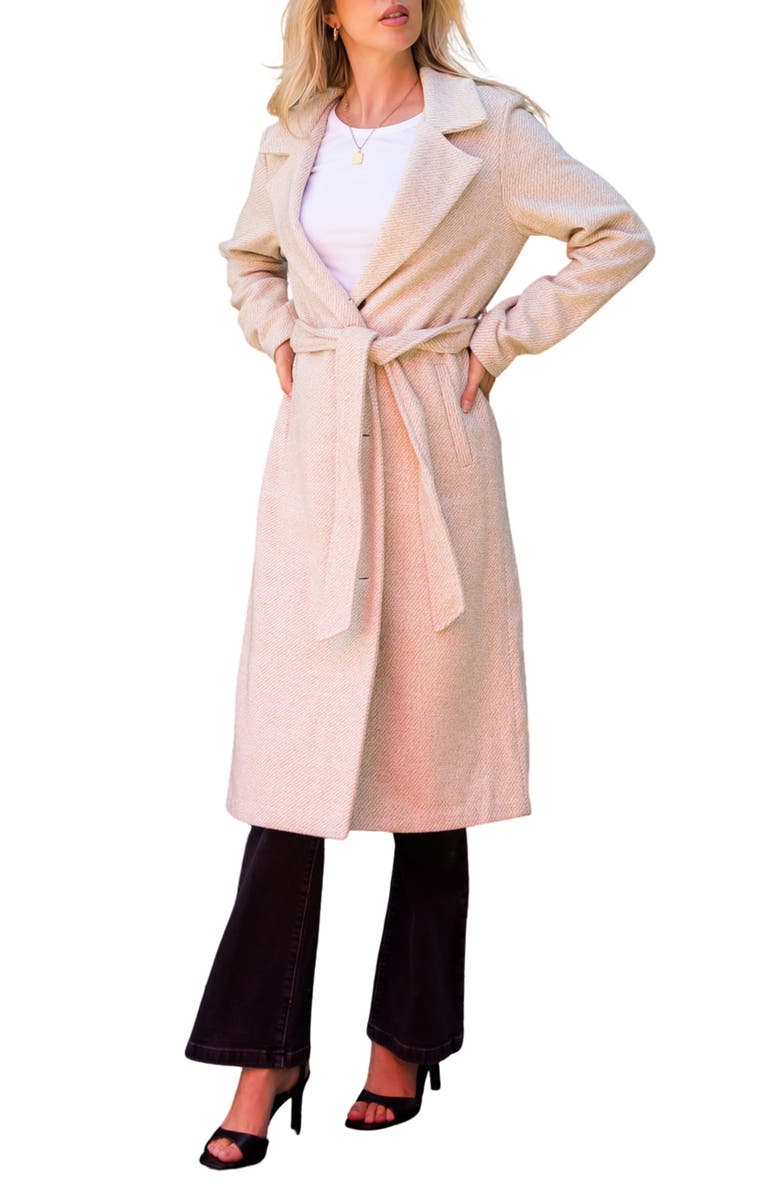 Stoosh Tie Waist Longline Coat, Main, color, Tan