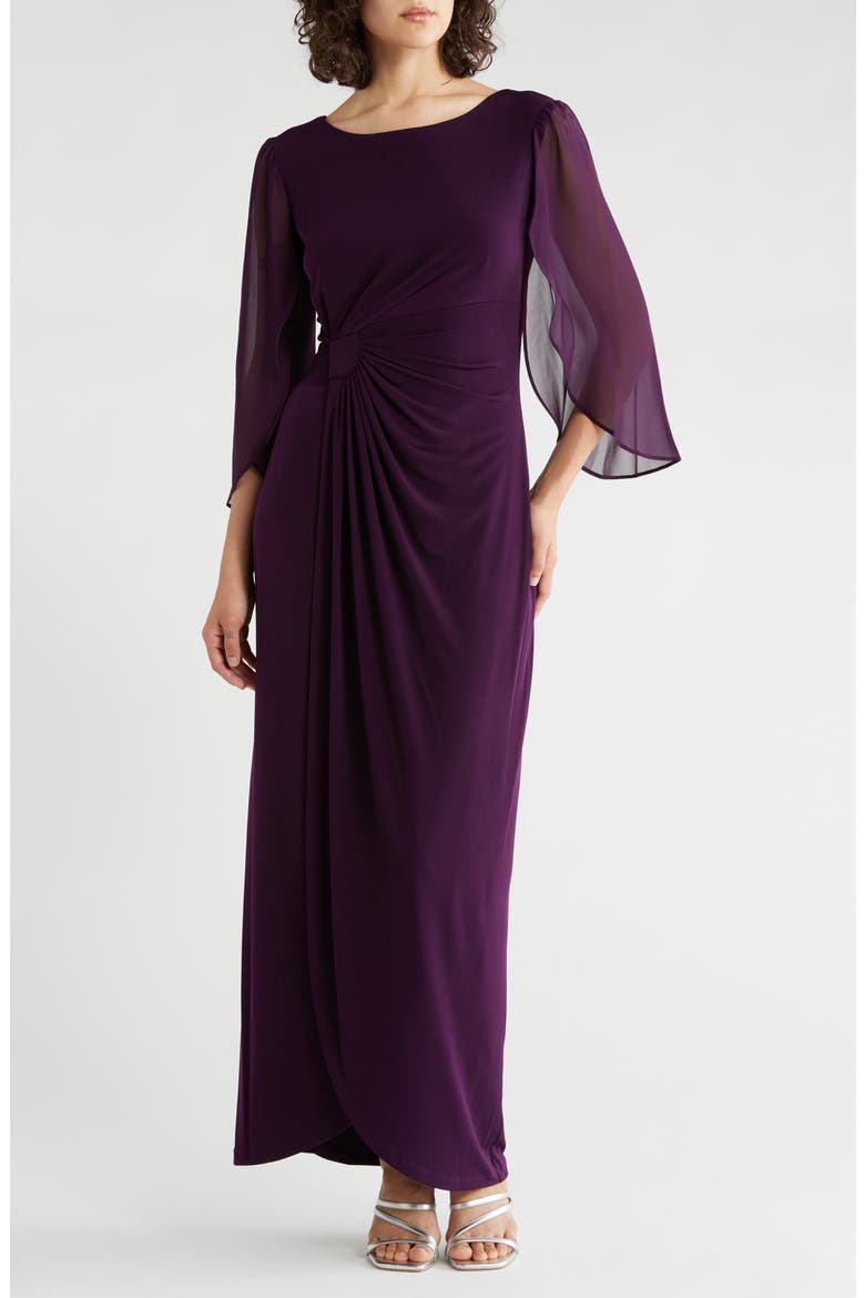 Cape Sleeve Faux Wrap Gown, Main, color, AUBERGINE