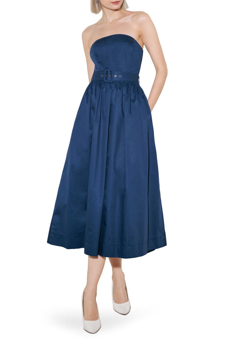 Belted Strapless Midi Dress, Main, color, NAVY