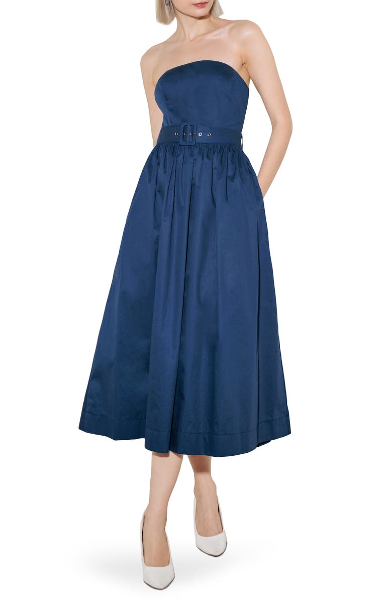 FREEMARKET Belted Strapless Midi Dress, Main, color, Navy