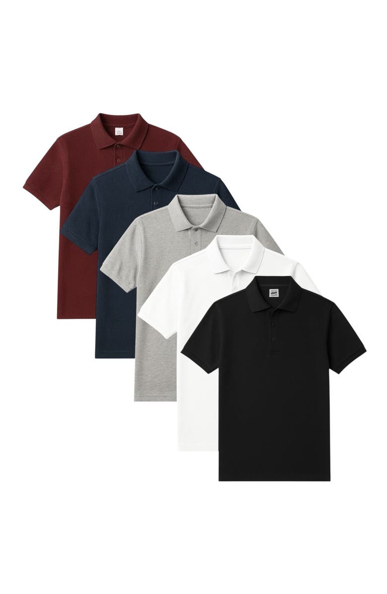 BenBen Mens Short Sleeve Pique Polo Shirts 5 Pack, Main, color, Black/White/Grey/Navy/Red
