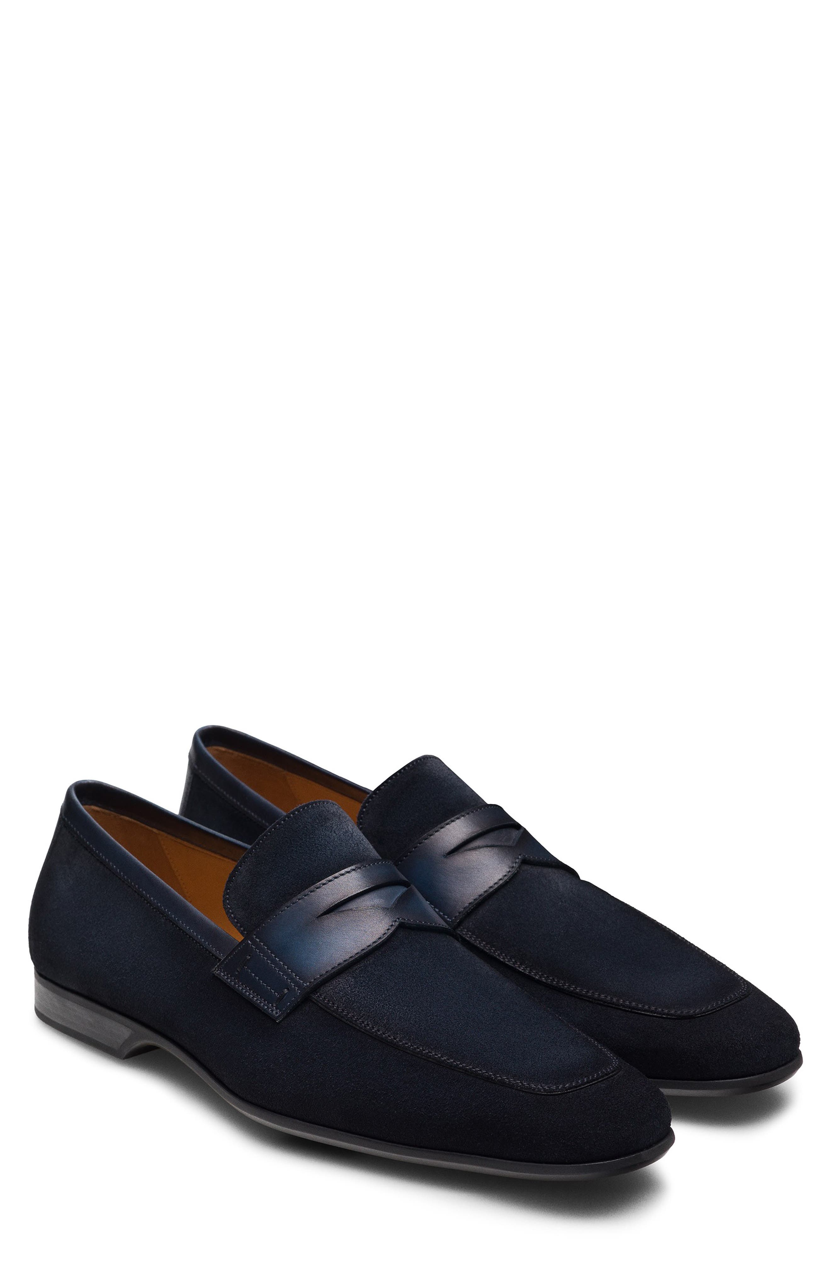 Magnanni Ramiro V Square Toe Penny Loafer, Main, color, Navy Suede / Navy