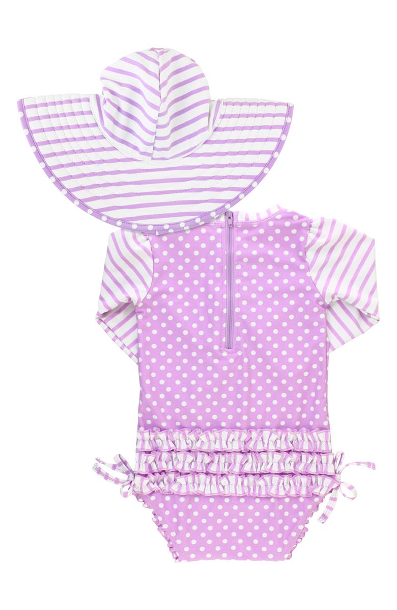 RuffleButts Polka Dot One-Piece Rashguard Swimsuit & Sun Hat Set, Alternate, color,
