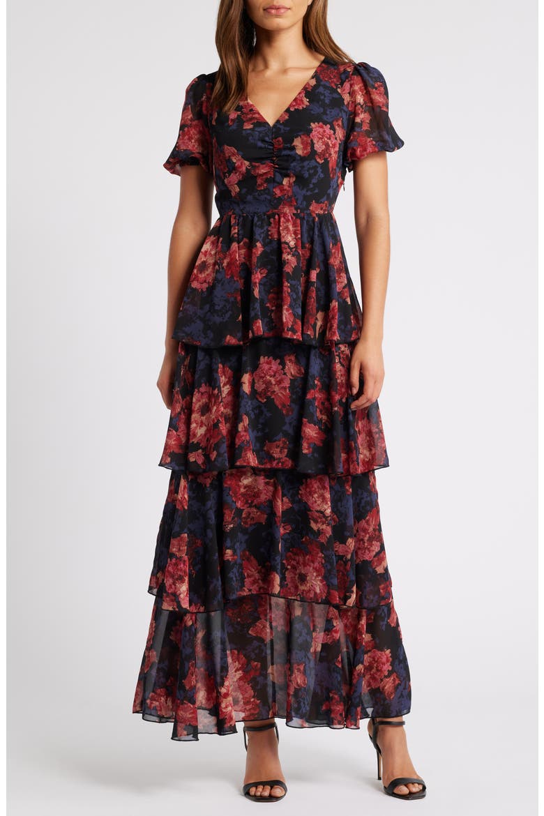 Floral Tiered Chiffon Dress, Main, color, BLACK- PINK CANVASED BLOOMS