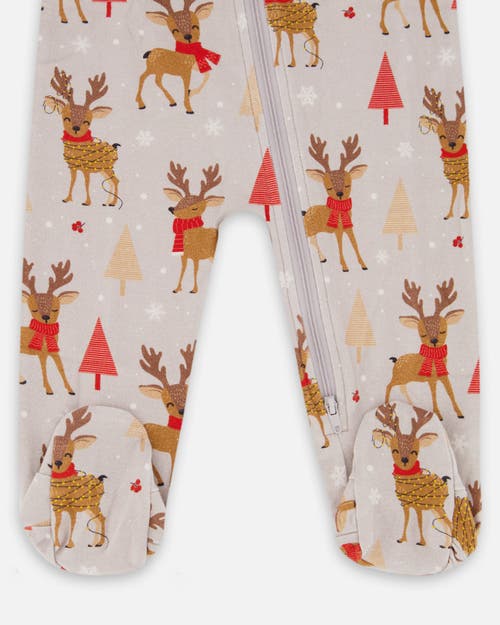 Deux Par Deux One-piece Organic Cotton Pajama Reindeer In Sand