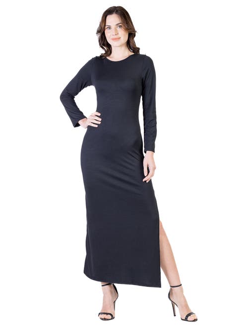 24seven Comfort Apparel Long Sleeve Side Slit Fitted Black Maxi Dress In Black