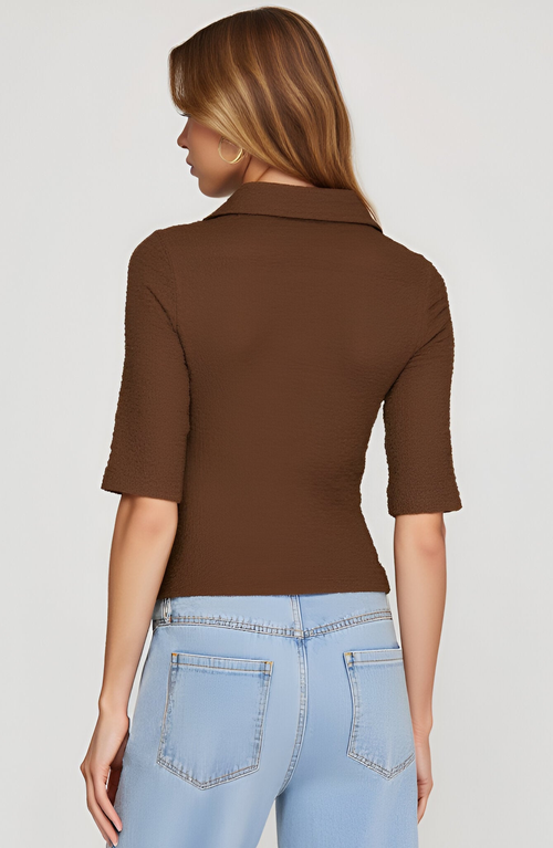 Modenaire Textured Button-up Collared Top In Brown