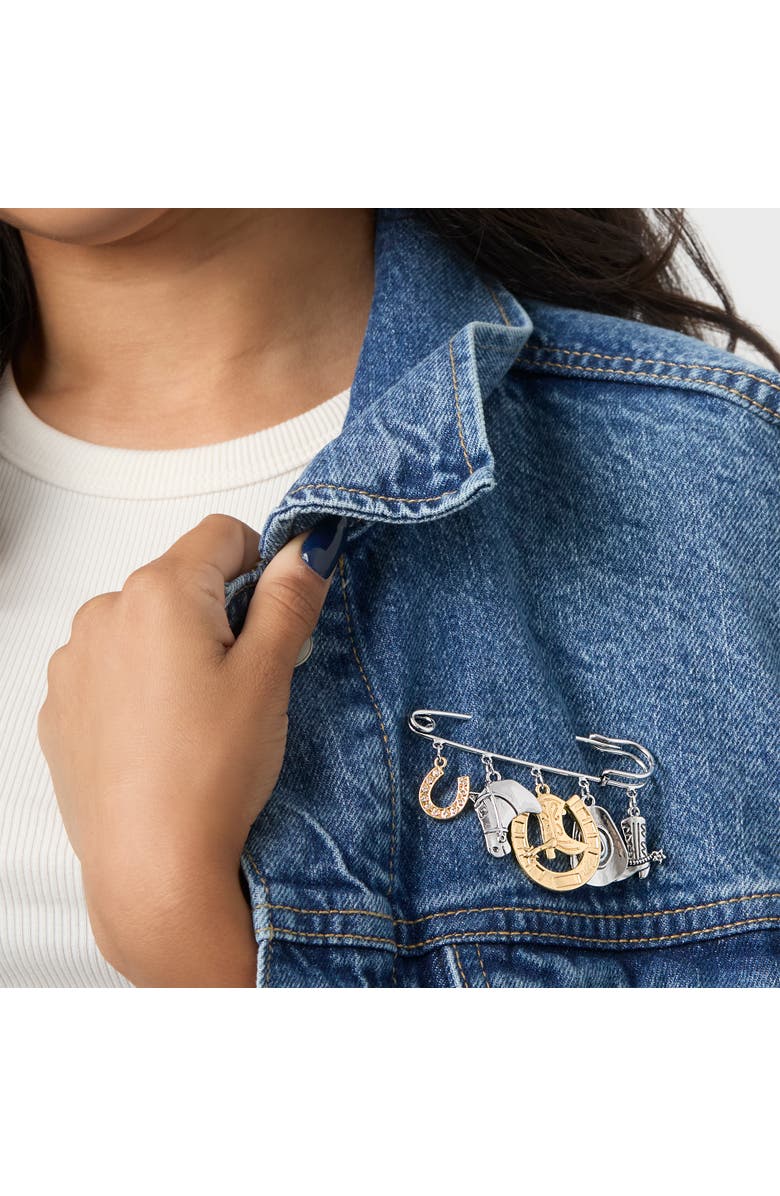 Jessica Simpson Mixed Metal Rodeo Charm Safety Pin Brooch, Alternate, color, Silver, Gold