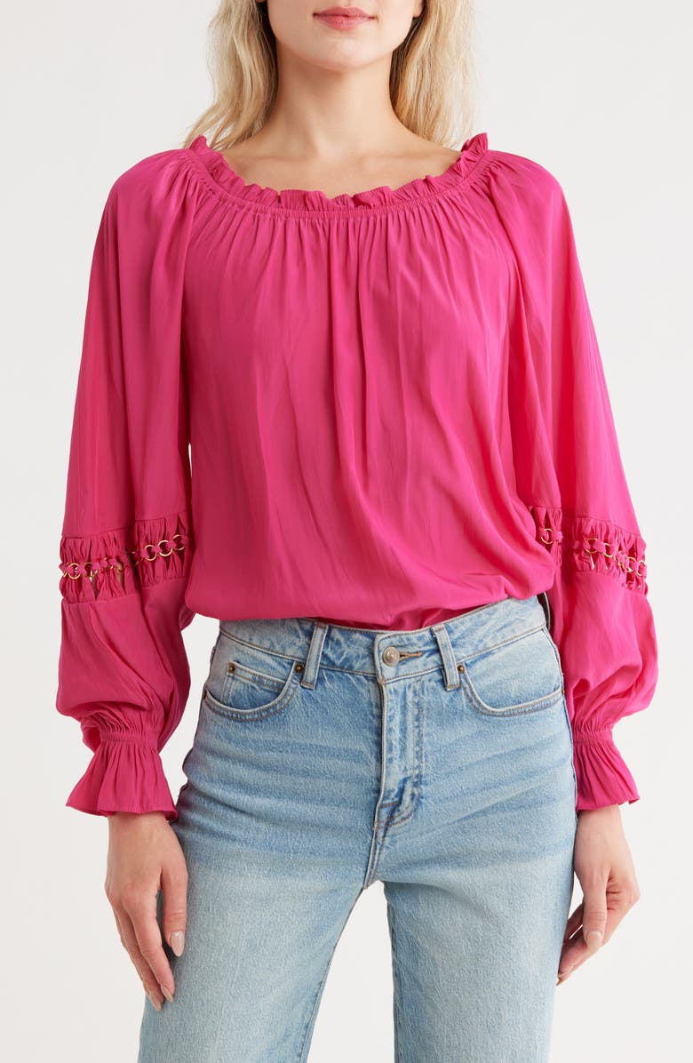 Ramy Brook Lili Chain Detail Off the Shoulder Blouse, Main, color, Paradise Pink