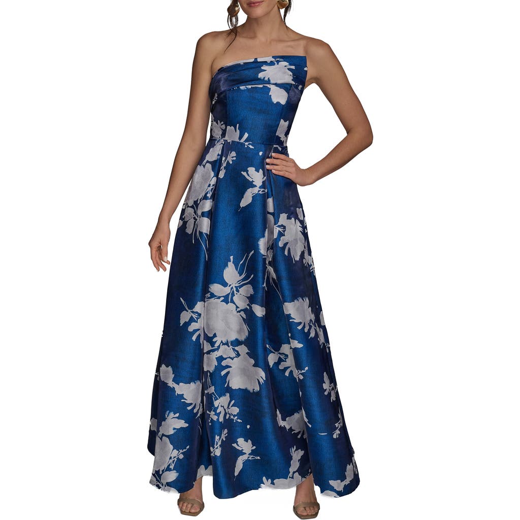 Donna Karan New York Floral Print Strapless Gown In Blue