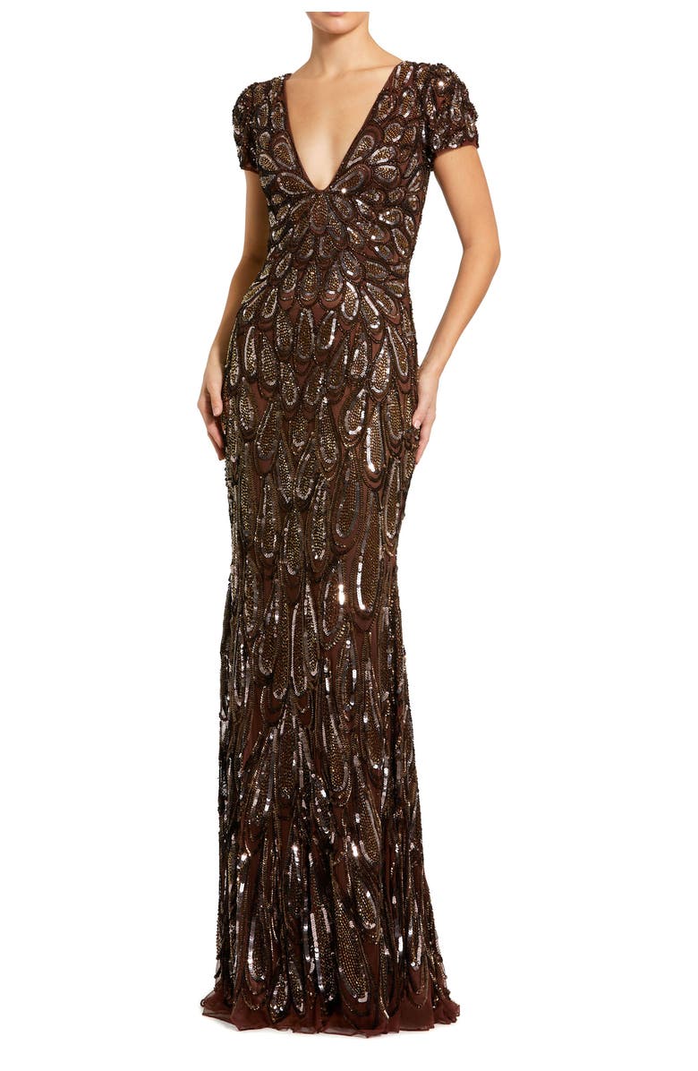Mac Duggal Beaded Embellished V Neck Cap Sleeve Column Gown, Main, color, Chocolate
